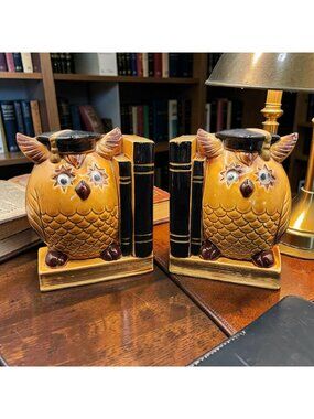 Vintage Norcrest Japan Ceramic Owl Graduates Bookends With Googly Eyes 6.25"